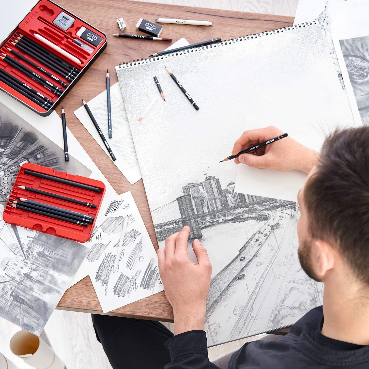 Arteza Pro Series Drawing Set for Adults, Set of 33 Artist Sketching Tools, Includes 20 Graphite & 4 Charcoal Pencils, 1 Fineliner, 3 Blenders, 1 Sharpener, 3 Erasers & 1 Hobby Knife, for Beginners & Experts - Image 4