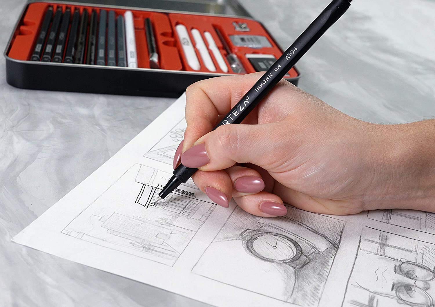 Arteza Pro Series Drawing Set for Adults, Set of 33 Artist Sketching Tools, Includes 20 Graphite & 4 Charcoal Pencils, 1 Fineliner, 3 Blenders, 1 Sharpener, 3 Erasers & 1 Hobby Knife, for Beginners & Experts - Image 5