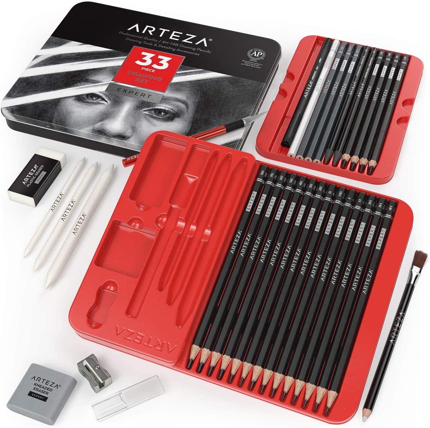 Arteza Pro Series Drawing Set for Adults, Set of 33 Artist Sketching Tools, Includes 20 Graphite & 4 Charcoal Pencils, 1 Fineliner, 3 Blenders, 1 Sharpener, 3 Erasers & 1 Hobby Knife, for Beginners & Experts - Image 6