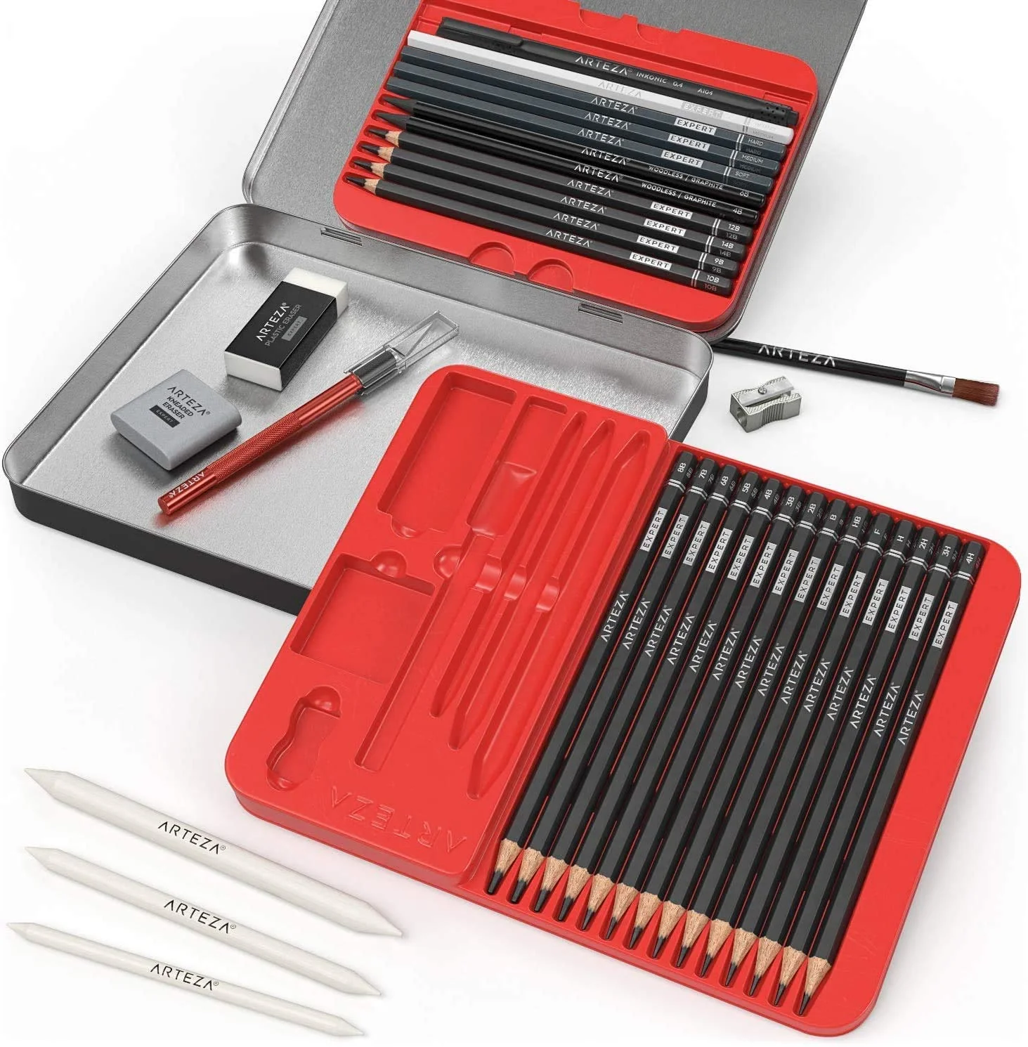 Arteza Pro Series Drawing Set for Adults, Set of 33 Artist Sketching Tools, Includes 20 Graphite & 4 Charcoal Pencils, 1 Fineliner, 3 Blenders, 1 Sharpener, 3 Erasers & 1 Hobby Knife, for Beginners & Experts - Image 7
