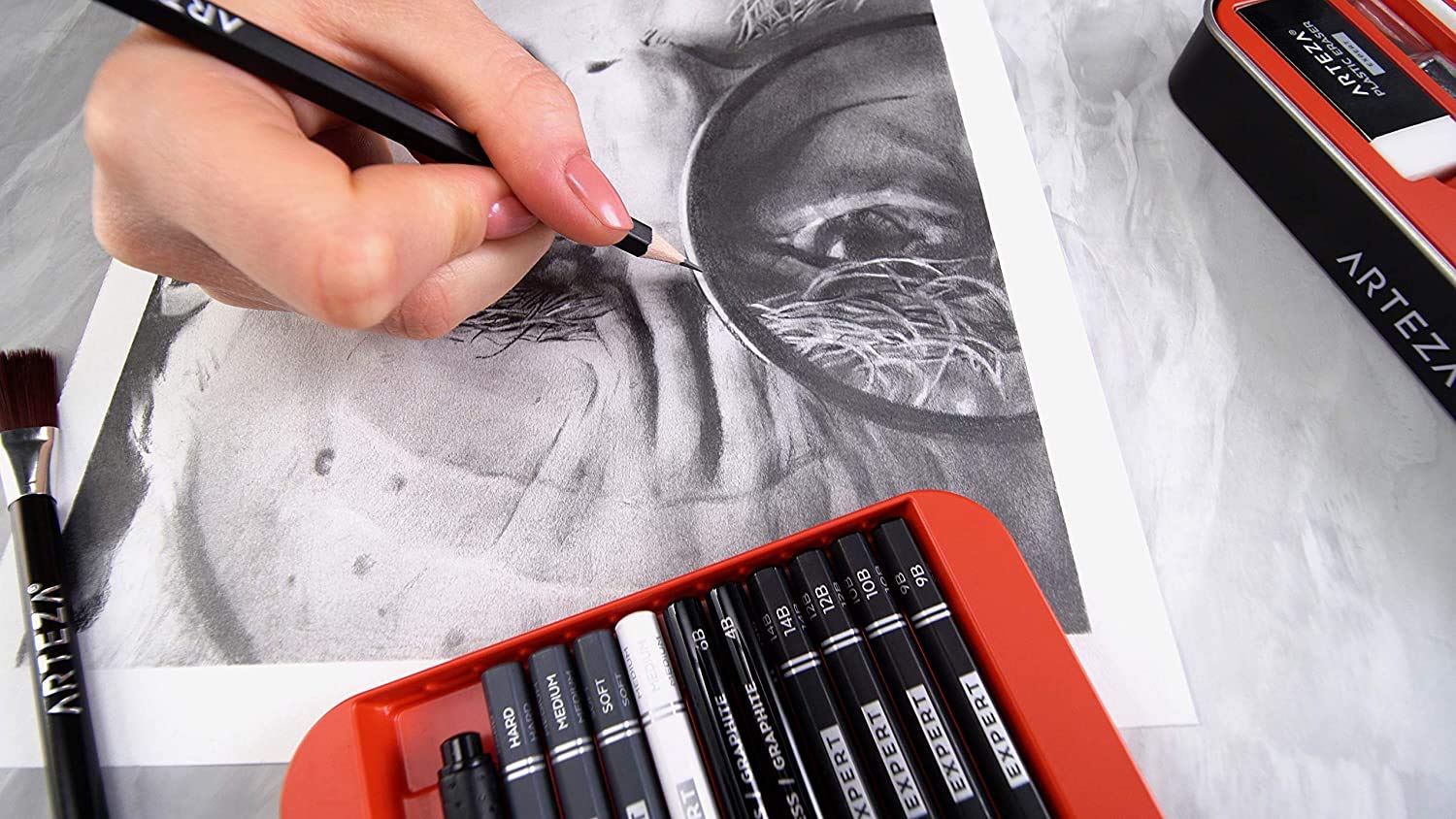 Arteza Pro Series Drawing Set for Adults, Set of 33 Artist Sketching Tools, Includes 20 Graphite & 4 Charcoal Pencils, 1 Fineliner, 3 Blenders, 1 Sharpener, 3 Erasers & 1 Hobby Knife, for Beginners & Experts - Image 8