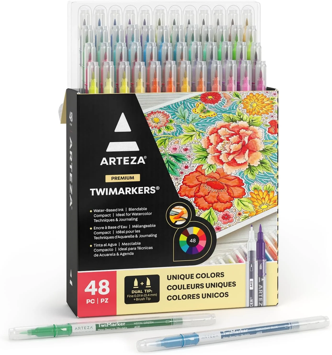 Arteza Dual Tip Brush Markers Set o 48 , Art Markers with Fine and Brush Tips, Dual Tip Pens