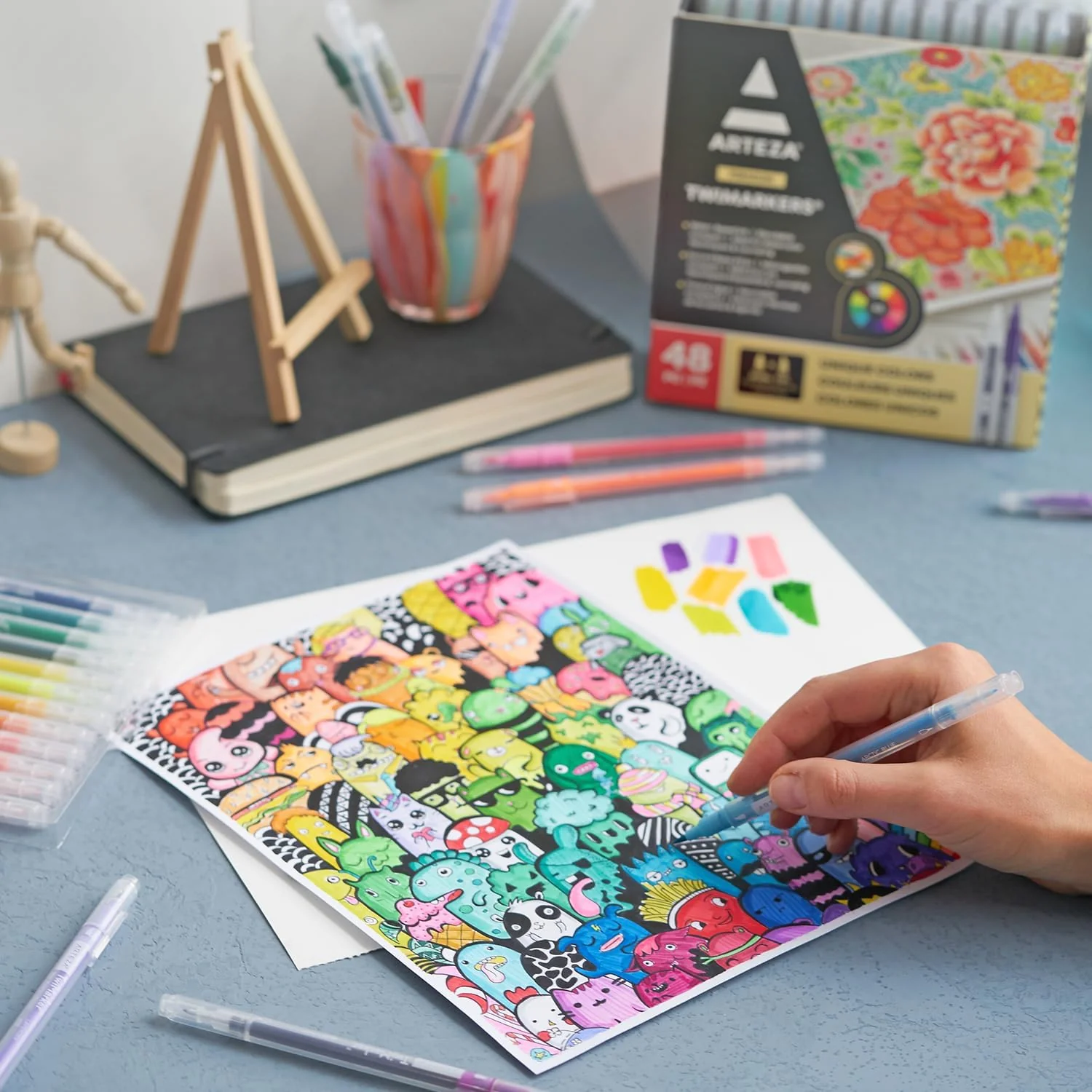 Arteza Dual Tip Brush Markers Set o 48 , Art Markers with Fine and Brush Tips, Dual Tip Pens - Image 4