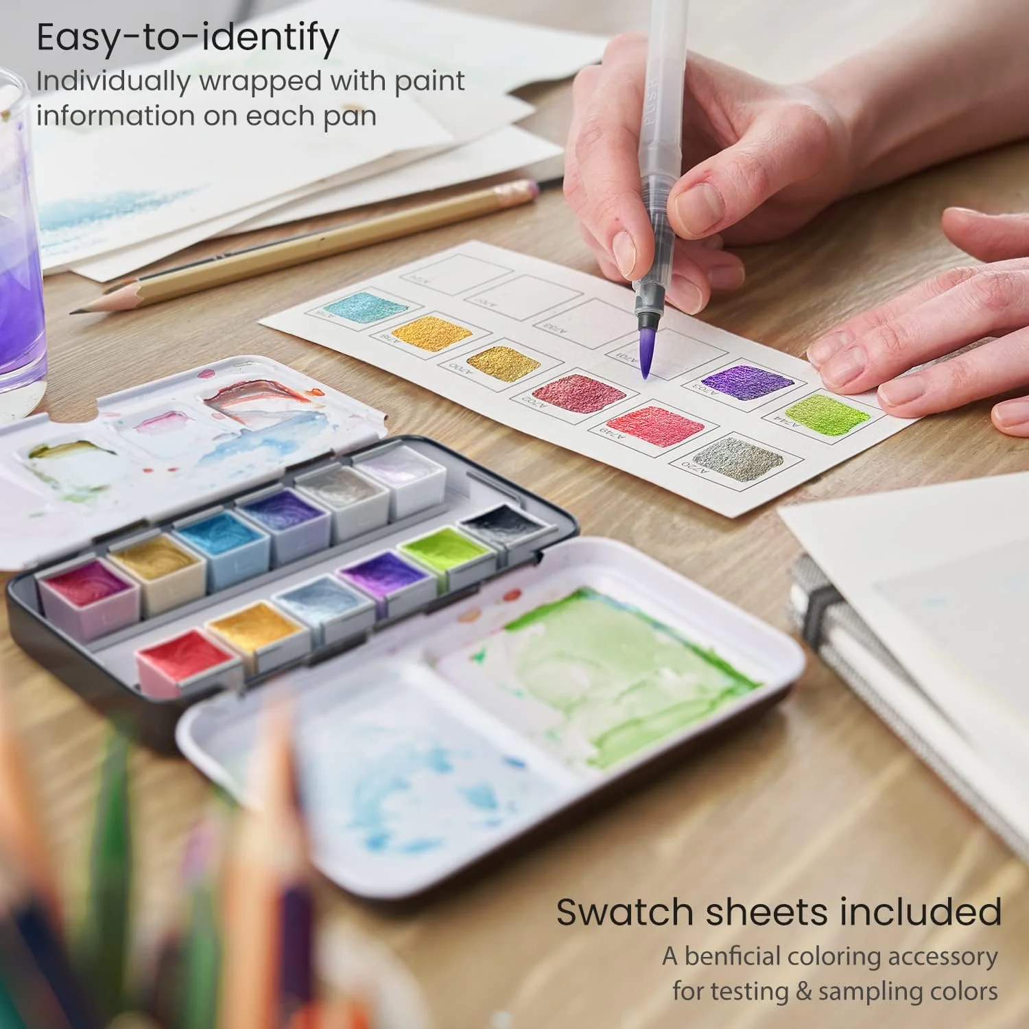 Arteza Metallic & Iridescent Watercolor Paints in Half Pans, Set of 12 Colors, Enchanted Forest Theme - Image 3