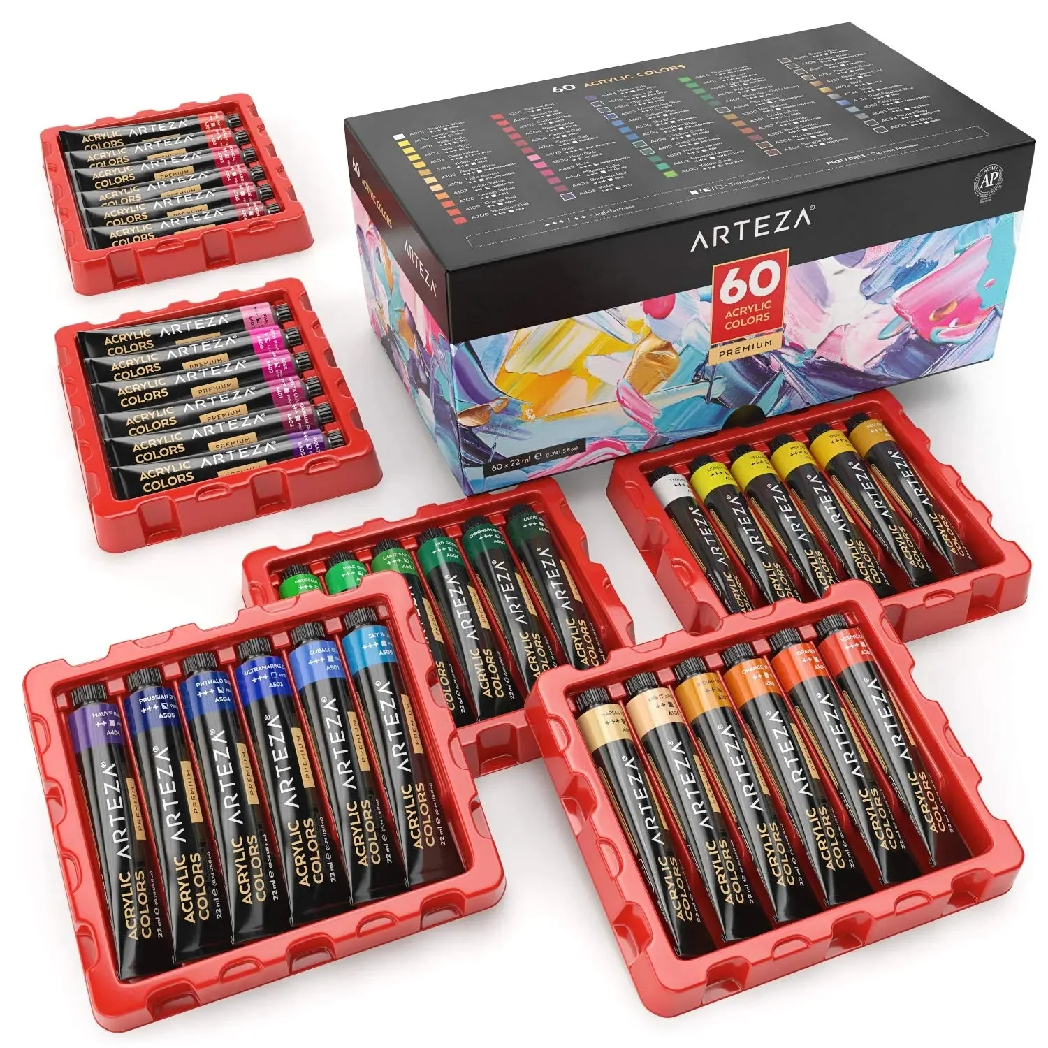 Arteza Premium Acrylic Paint Assorted Colours Set with Storage Box - Image 6
