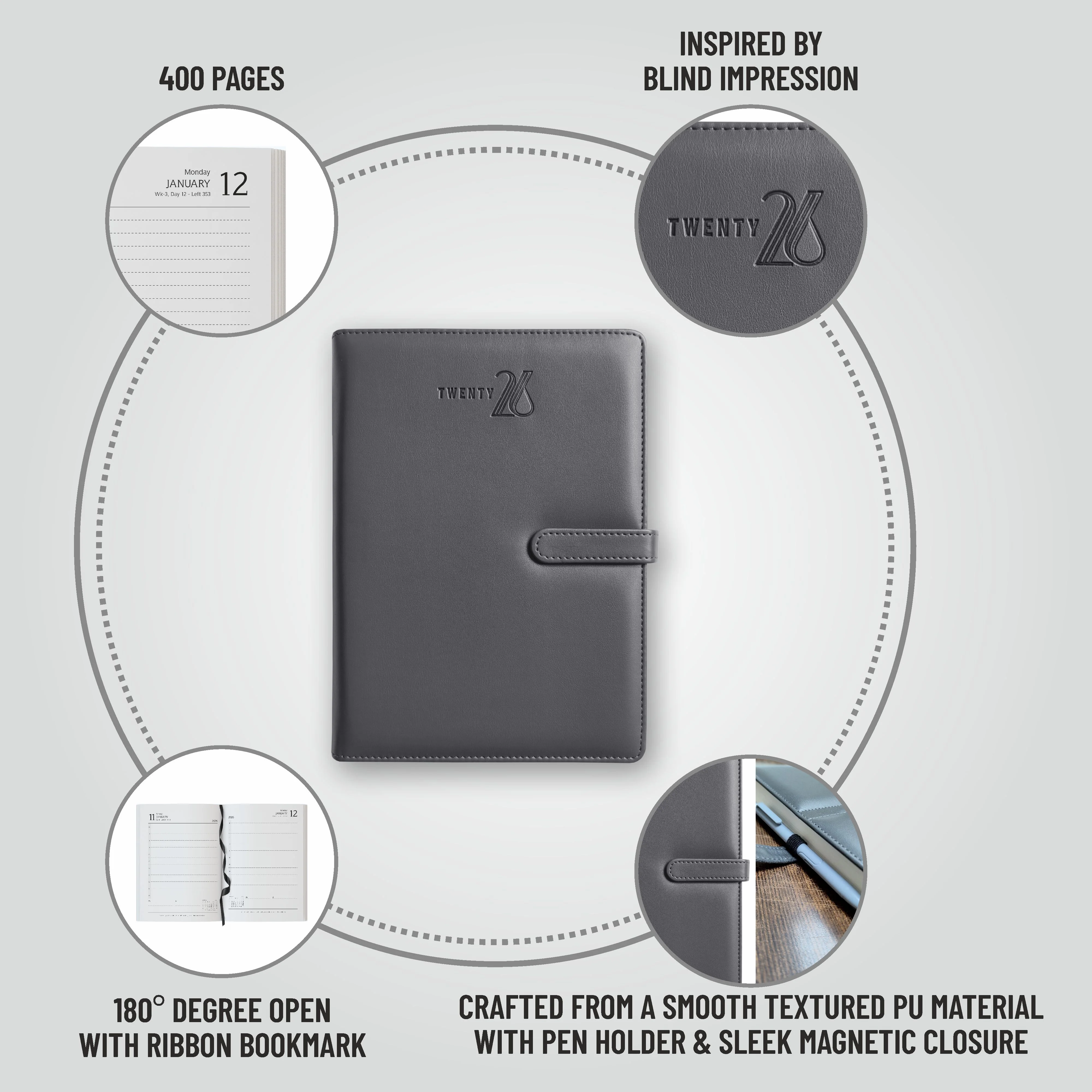 Anupam Nova 2026 Diary with Dates, 365 Days, Daily Planner with Monthly Calendar, January to December New Year Diary 2026,PU Material Cover, Magnetic Closure and Pen Holder-80GSM - Image 16
