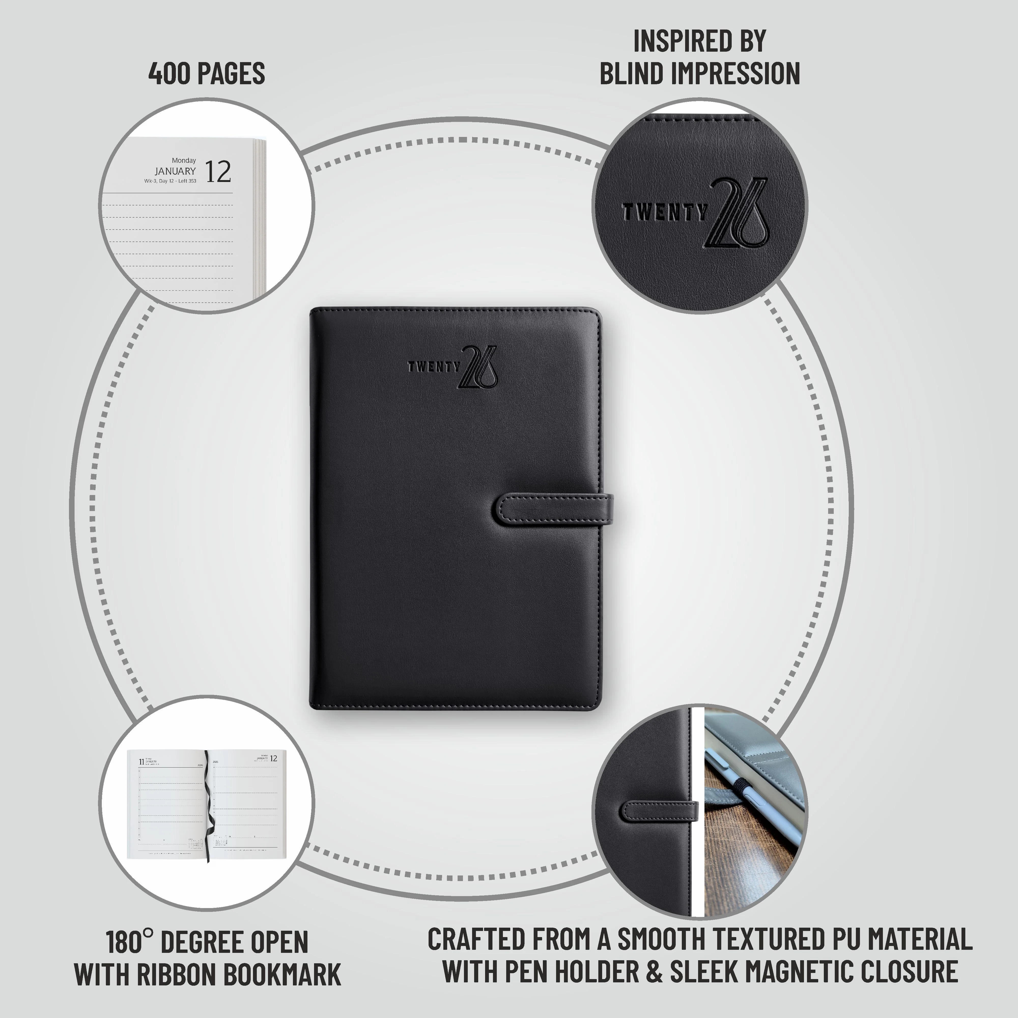 Anupam Nova 2026 Diary with Dates, 365 Days, Daily Planner with Monthly Calendar, January to December New Year Diary 2026,PU Material Cover, Magnetic Closure and Pen Holder-80GSM - Image 2