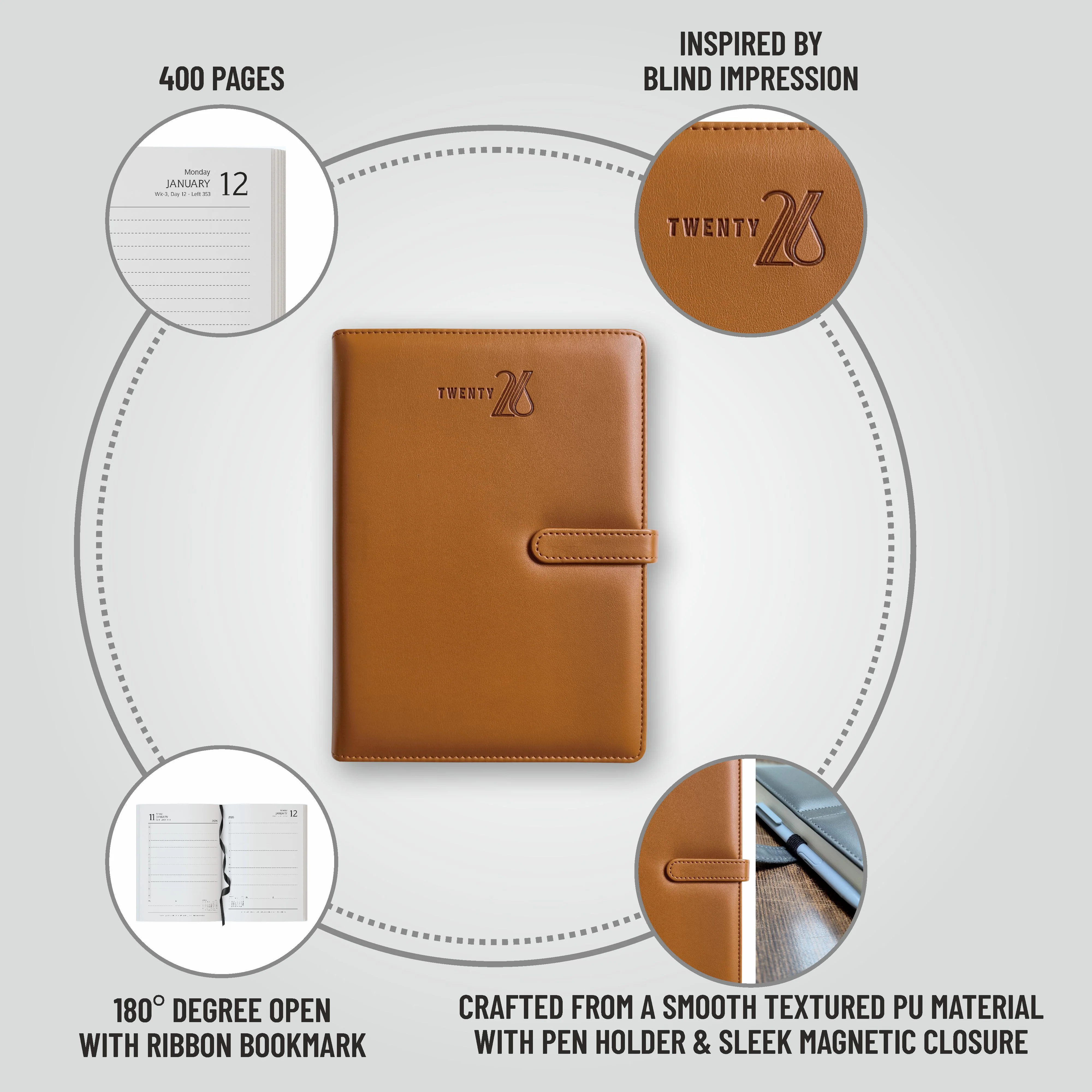 Anupam Nova 2026 Diary with Dates, 365 Days, Daily Planner with Monthly Calendar, January to December New Year Diary 2026,PU Material Cover, Magnetic Closure and Pen Holder-80GSM - Image 23