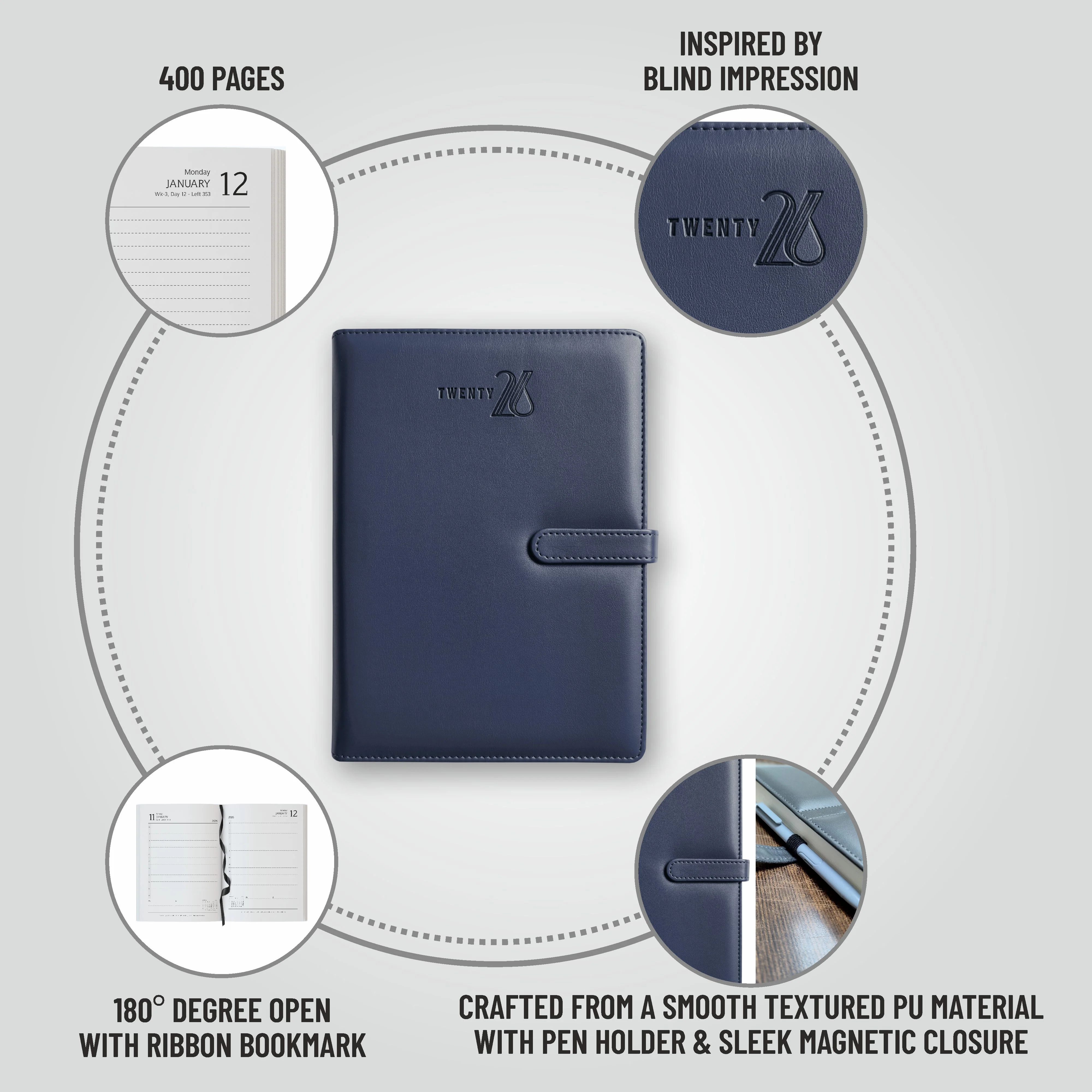 Anupam Nova 2026 Diary with Dates, 365 Days, Daily Planner with Monthly Calendar, January to December New Year Diary 2026,PU Material Cover, Magnetic Closure and Pen Holder-80GSM - Image 9